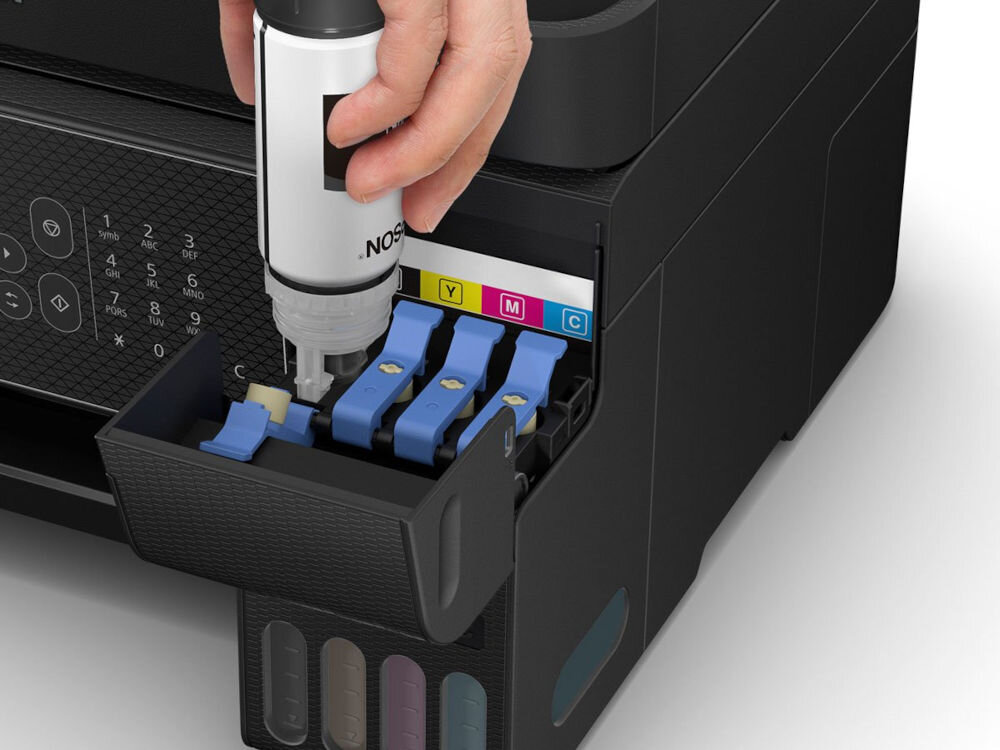 Urządzenie wielofunkcyjne EPSON EcoTank L5310 Druk w kolorze, Wi-Fi prezentacja napełniania urządzenia atramentem na białym tle wydajność atramentu wydłużenie czasu pracy