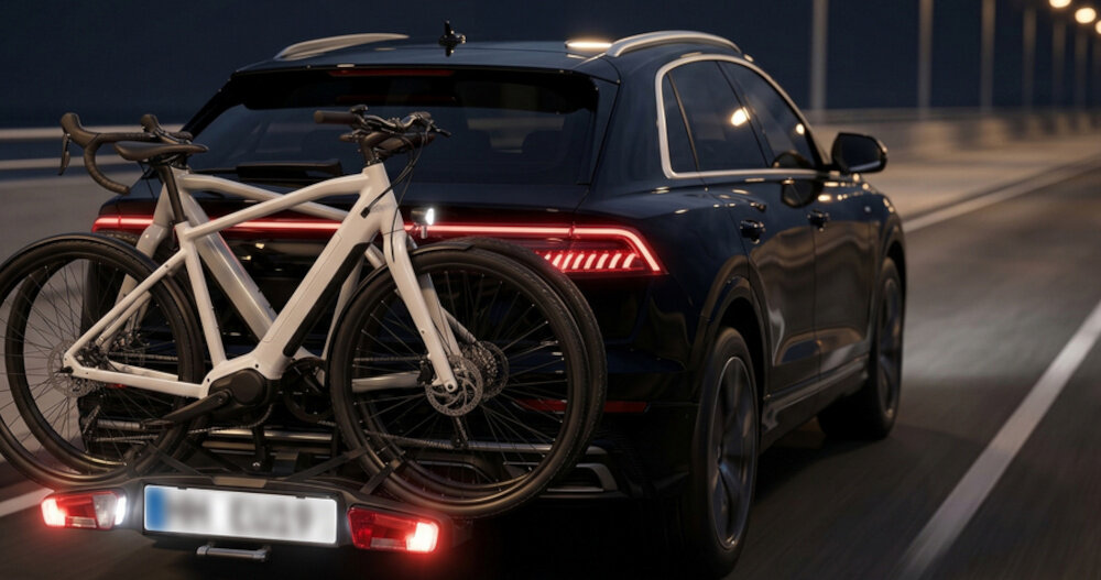 Bagażnik rowerowy FISCHER Roadline na hak 2 rowery Czarny ulica samochód jedzie po ulicy noc na haku ma bagażnik z dwoma rowerami świecą się tylne światła tylne oświetlenie złącze zasilające 13 pin instalacja świetlna bagażnika może współpracować z instalacją pojazdu czytelne sygnalizowanie manewrów