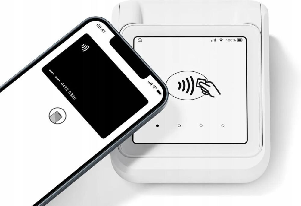 Terminal płatniczy SUMUP Solo z drukarką Wi-Fi, Mobilna transmisja danych urządzenie od przodu na białym tle z przyłożonym telefonem aplikacja mobilna SumUp dostęp do raportów historii zwroty potwierdzenia zaplecze sprzedażowe