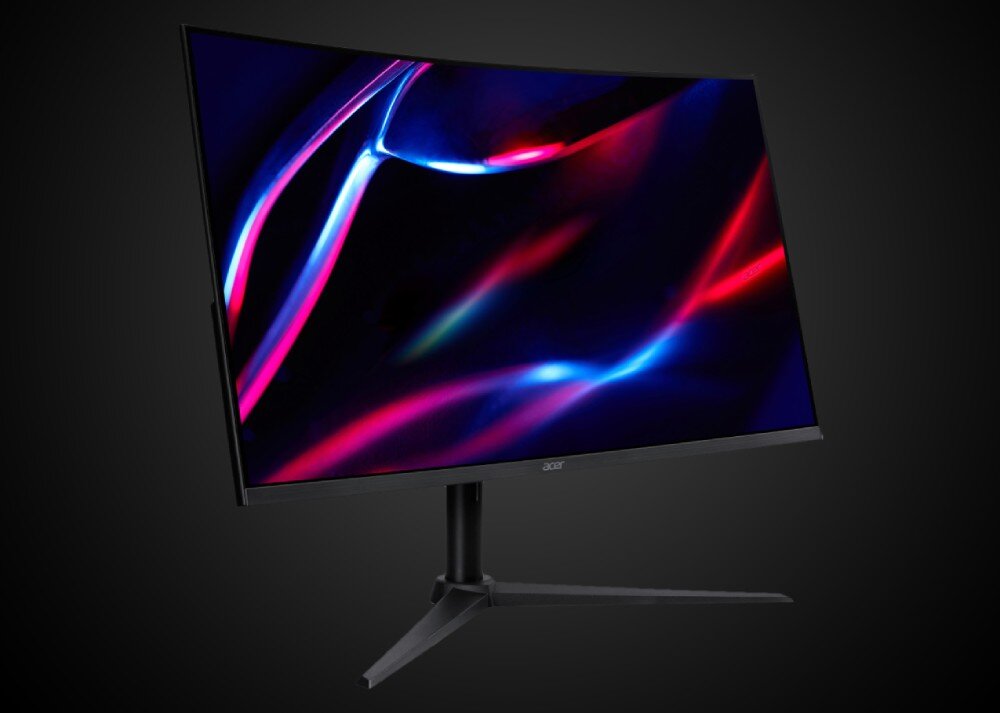 Monitor ACER Nitro XZ322QUV3bmiiphx Monitor o zakrzywionym ekranie, wyświetlający dynamiczną grafikę w odcieniach czerwieni i niebieskiego, na tle czarnej powierzchni, opis