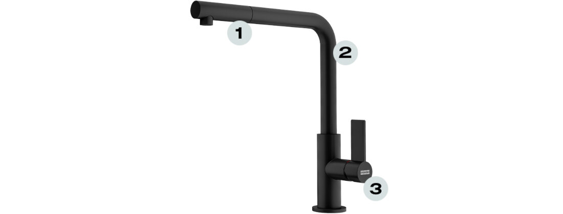 Bateria FRANKE Neptune Evo 115.0711.725 Czarny mat Duży zasięg wylewki Wysokość wylewki Trwała głowica ceramiczna