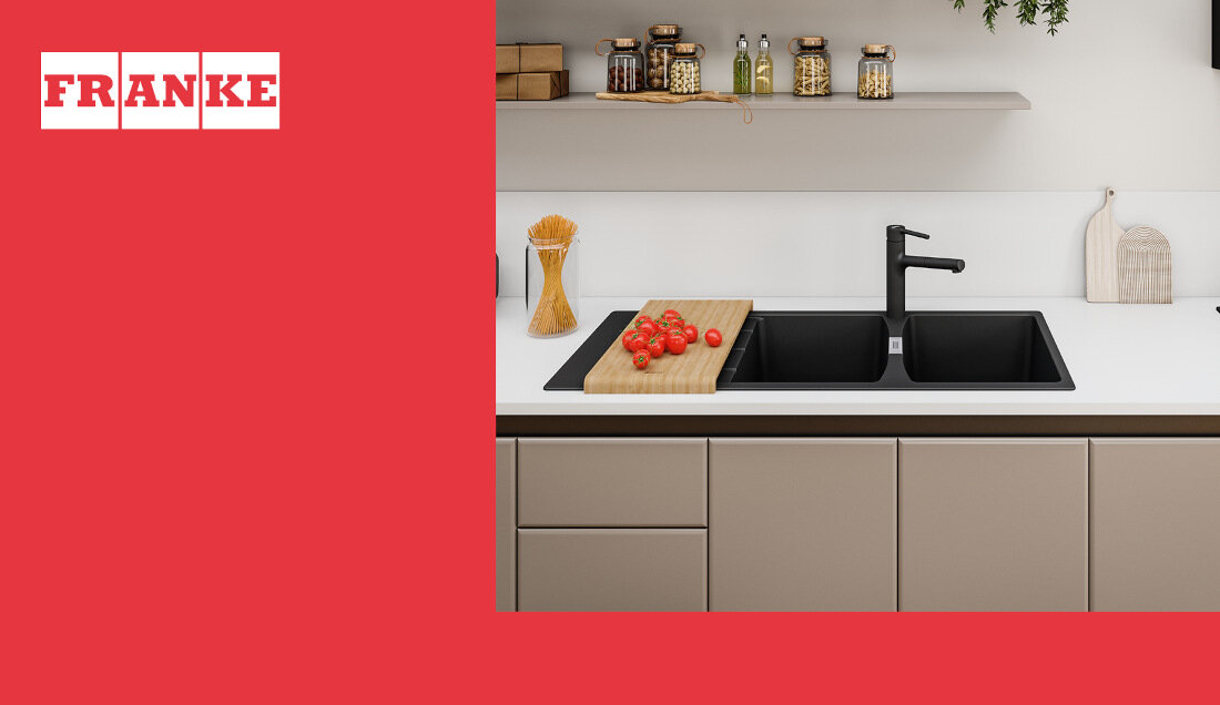 Zlewozmywak  dwukomorowy z ociekaczem FRANKE Centro CNG 621-116 114.0710.230 Czarny mat wygląd design tło prezentacja wizualizacja