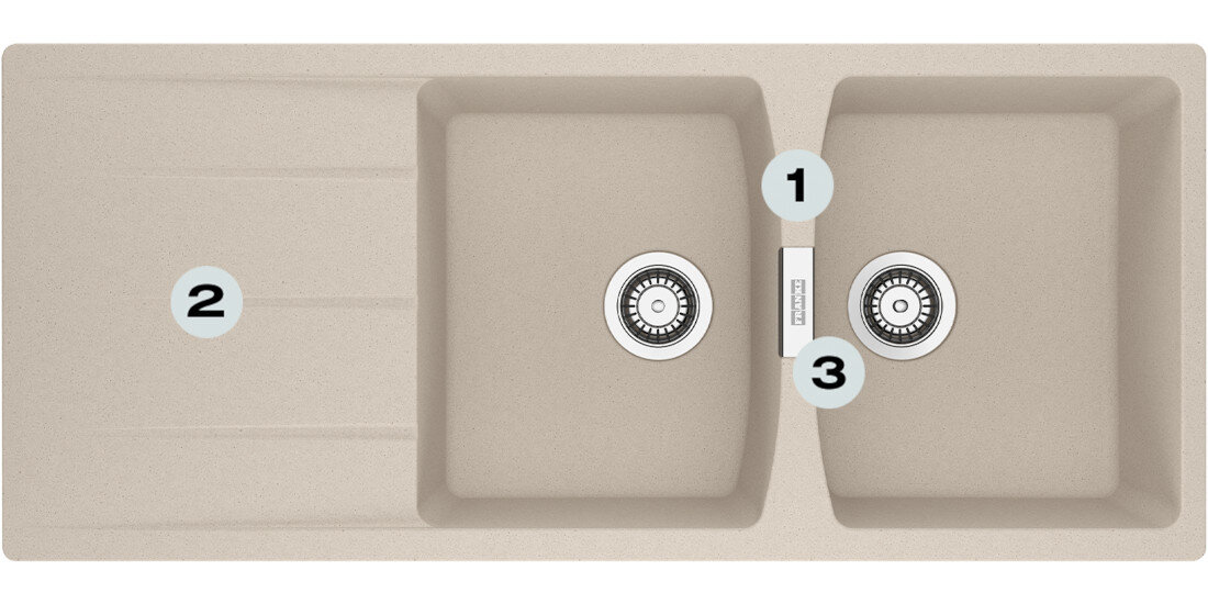 Zlewozmywak  dwukomorowy z ociekaczem FRANKE Centro CNG 621-116 114.0710.229 Orzechowy Postaw na komfort w kuchni  zlewozmywak z góry z widocznymi numerami 1 na montażu młynka  2 na gamie kolorystycznej  3 na dwóch głębokich komorach