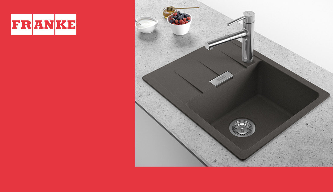 Zlewozmywak jednokomorowy z ociekaczem FRANKE Centro CNG 611-62 114.0716.323 Łupkowy szary wygląd design tło prezentacja wizualizacja