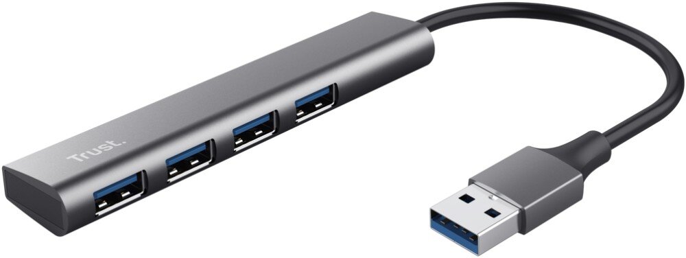 Hub TRUST Halyx 24947 Szary hub USB z czterema portami i kablem zakończonym wtyczką USB-A na białym tle