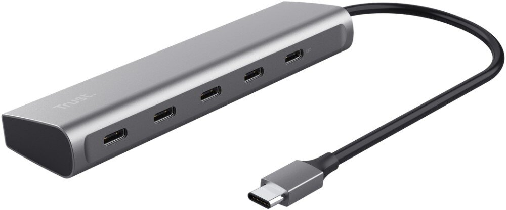 Hub TRUST Halyx 25136 Szary wieloportowy adapter USB-C na białym tle z widocznymi czterema portami USB-C i kablem połączeniowym