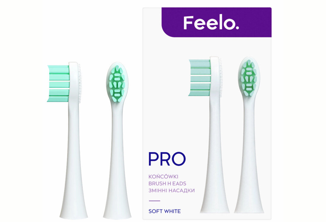 Oryginalna końcówka do szczoteczki sonicznej FEELO Pro Soft Biały (2 szt.) (Do delikatnych i wrażliwych dziąseł) design tło prezentacja wizualizacja Komfort codziennej higieny