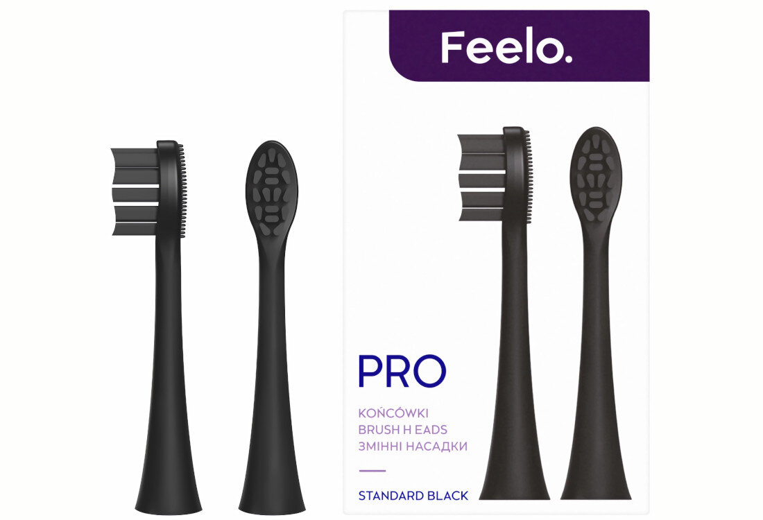 Oryginalna końcówka do szczoteczki sonicznej FEELO Pro Standard Czarny (2 szt.) (Wypustki do czyszczenia języka) design tło prezentacja wizualizacja Komfortowe czyszczenie każdego dnia