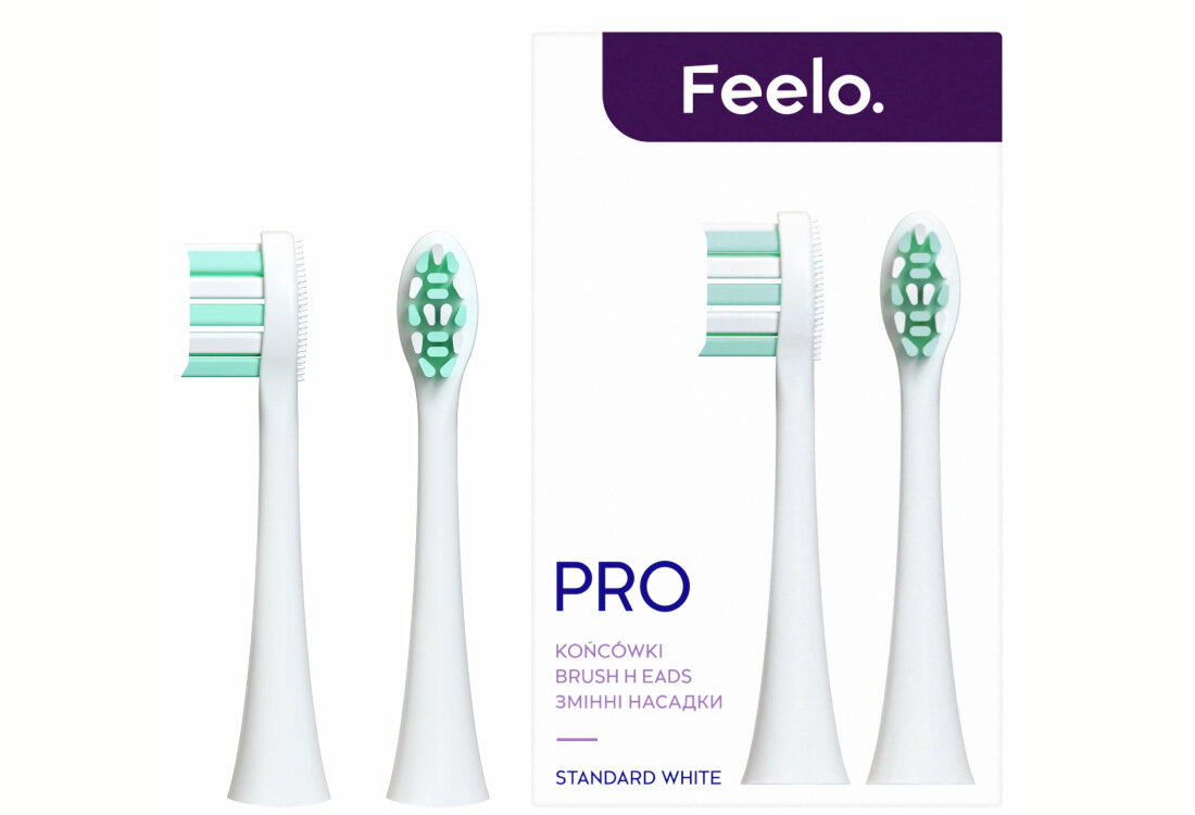 Oryginalna końcówka do szczoteczki sonicznej FEELO Pro Standard Biały (2 szt.) (Wypustki do czyszczenia języka) design tło prezentacja wizualizacja Komfortowe czyszczenie każdego dnia