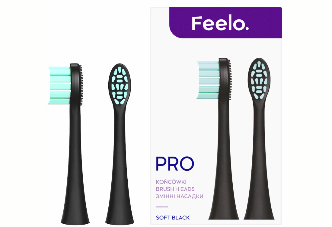 Oryginalna końcówka do szczoteczki sonicznej FEELO Pro Soft Czarny (2 szt.) (Do delikatnych i wrażliwych dziąseł) design tło prezentacja wizualizacja Komfort codziennej higieny