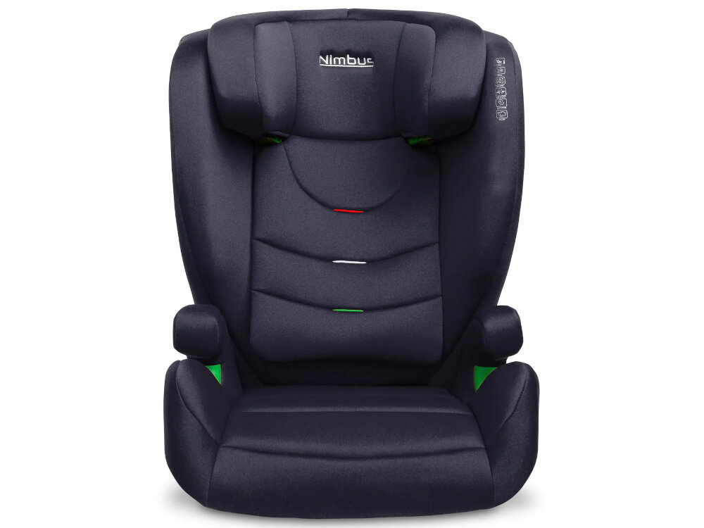 Fotelik samochodowy CARETERO Nimbus I-Size 100-150 cm (15-36 kg) Granatowy fotelik na białym tle ze schowanym zagłówkiem widoczny od przodu do przewożenia dzieci o wzroście od 100 do 150 cm wadze od 15 do 36 kg w wieku około 4–12 lat montaż przodem do kierunku jazdy stabilna pozycja siedząca bezpieczeństwo dziecka