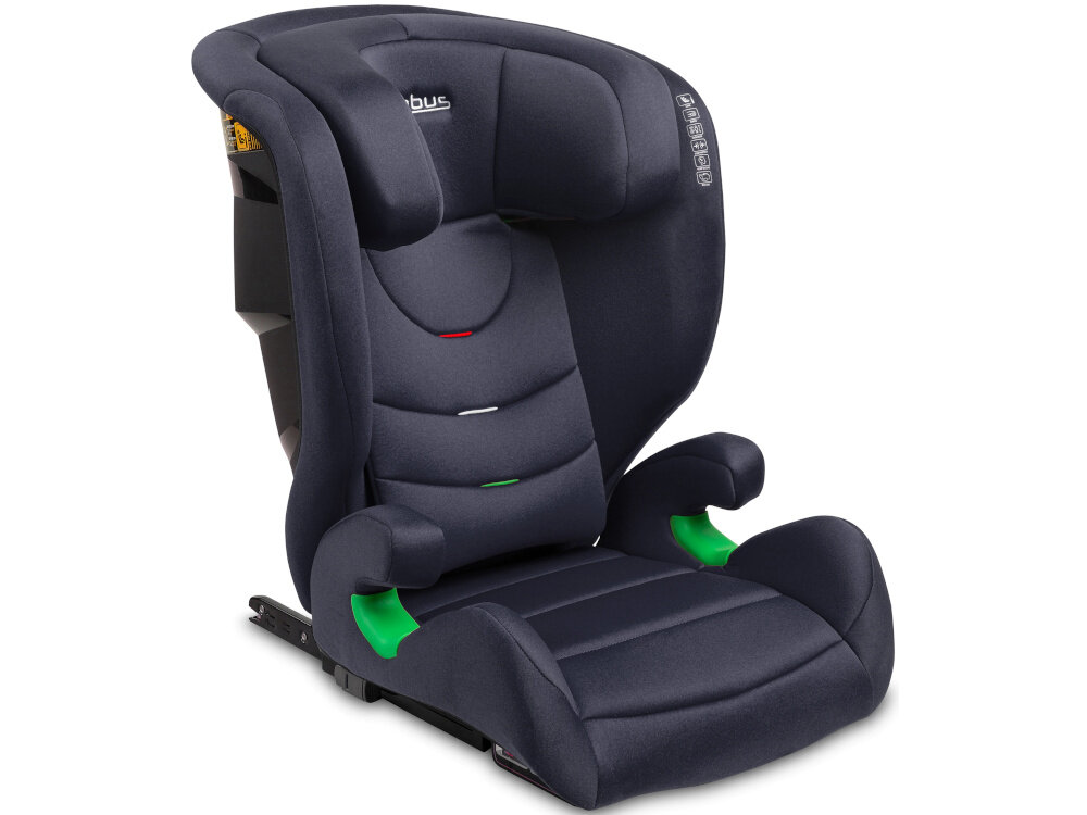 Fotelik samochodowy CARETERO Nimbus I-Size 100-150 cm (15-36 kg) Granatowy fotelik na białym tle ze schowanym zagłówkiem widoczny od przodu pod skosem spełnienia normy ECE R129/03 standard i-Size dobór fotelika do wzrostu dziecka można dopasować siedzisko do aktualnych potrzeb użytkownika dziecko korzysta z fotelika dostosowanego do swojej sylwetki