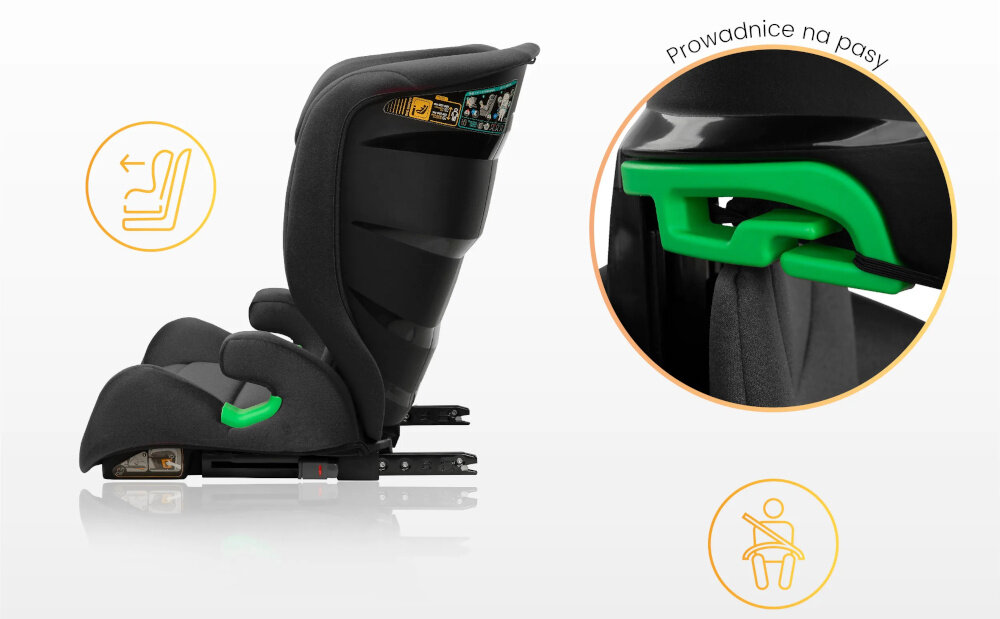 Fotelik samochodowy CARETERO Nimbus I-Size 100-150 cm (15-36 kg) Granatowy fotelik na jasnym tle widoczny z boku obok zbliżenie na prowadnice pasów specjalne prowadnice pasa barkowego oraz biodrowego poprawne ułożenie i zapięcie pasów bezpieczeństwa ułatwia codzienne zapinanie dziecka ogranicza ryzyko skręcenia lub zsunięcia się pasa pasy przebiegają przez odpowiednie punkty ciała stabilność pozycji siedzącej komfort jazdy