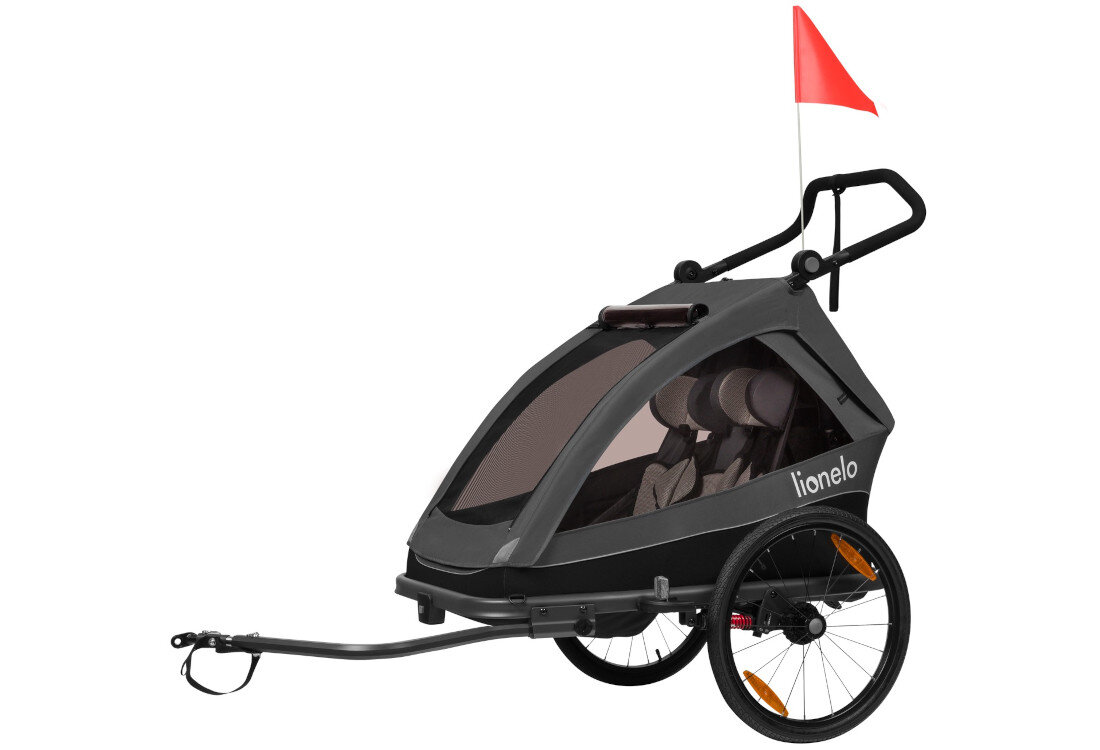 Przyczepka rowerowa LIONELO Cama Szaro-grafitowy System All Round Safety maksymalne bezpieczeństwo aluminiowa konstrukcja zderzaki 5-punktowe pasy odblaski flaga ostrzegawcza osłony koła opaska nadgarstek ochrona