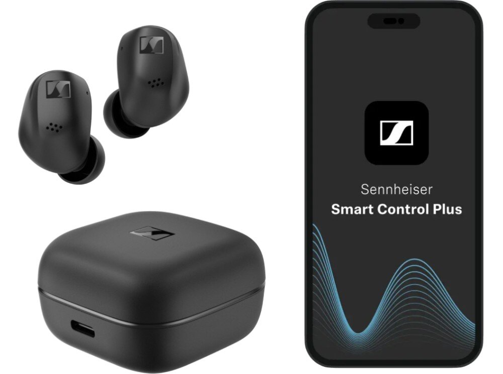 Słuchawki dokanałowe SENNHEISER Accentum True Wireless ANC Para czarnych bezprzewodowych słuchawek dousznych wraz z etui ładującym. Obok znajduje się smartfon z aplikacją do zarządzania ustawieniami dźwięku, dźwięk, przetworniki, aplikacja