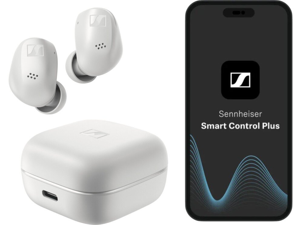 Słuchawki dokanałowe SENNHEISER Accentum True Wireless ANC Para czarnych bezprzewodowych słuchawek dousznych wraz z etui ładującym. Obok znajduje się smartfon z aplikacją do zarządzania ustawieniami dźwięku, dźwięk, przetworniki, aplikacja