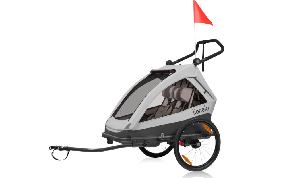 Przyczepka rowerowa LIONELO Cama Szary System All Round Safety maksymalne bezpieczeństwo aluminiowa konstrukcja zderzaki 5-punktowe pasy odblaski flaga ostrzegawcza osłony koła opaska nadgarstek ochrona
