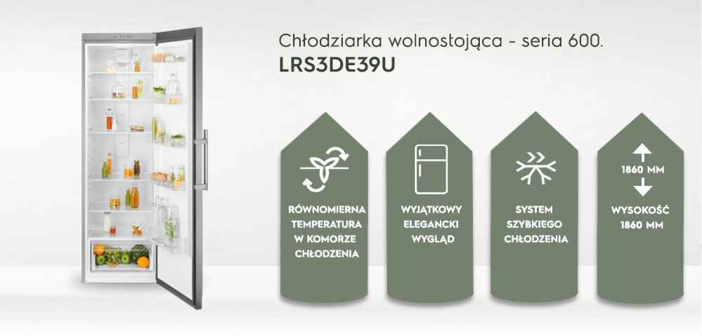 Obraz przedstawia otwartą lodówkę z widocznymi półkami wypełnionymi produktami spożywczymi. Obok znajdują się cztery ikony z tekstami: \'Równomierna temperatura w komorze chłodzenia\', \'Wyjątkowy elegancki wygląd\', \'System szybkiego chłodzenia\', \'Wysokość 1860 mm\'.