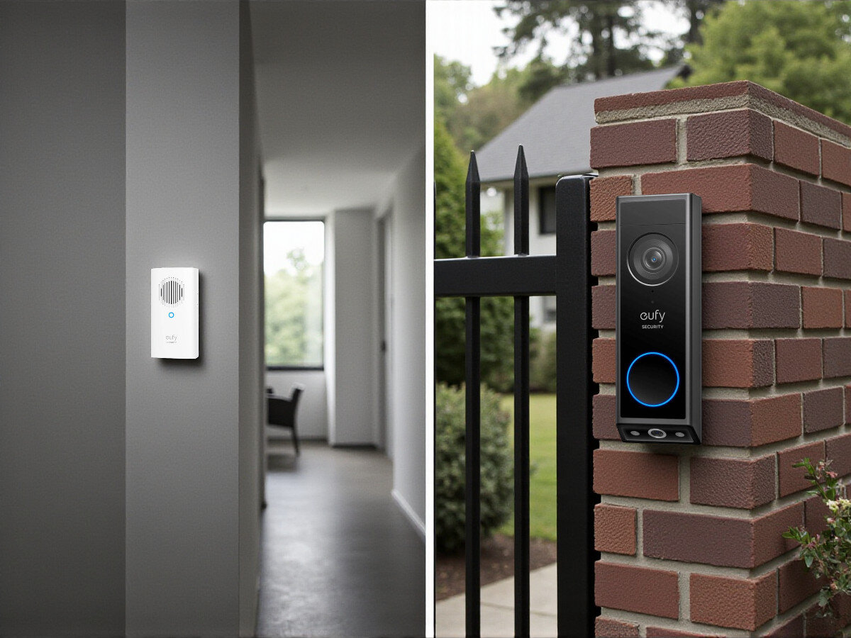 Wideodomofon EUFY Doorbell E340 HB Mini Bezprzewodowy Wi-Fi, Ochrona, bezpieczeństwo, monitoring, kamera, Stacja HB Mini zamontowana na jasnej ścianie, wideodomofon Eufy na murze przy bramie wjazdowej.