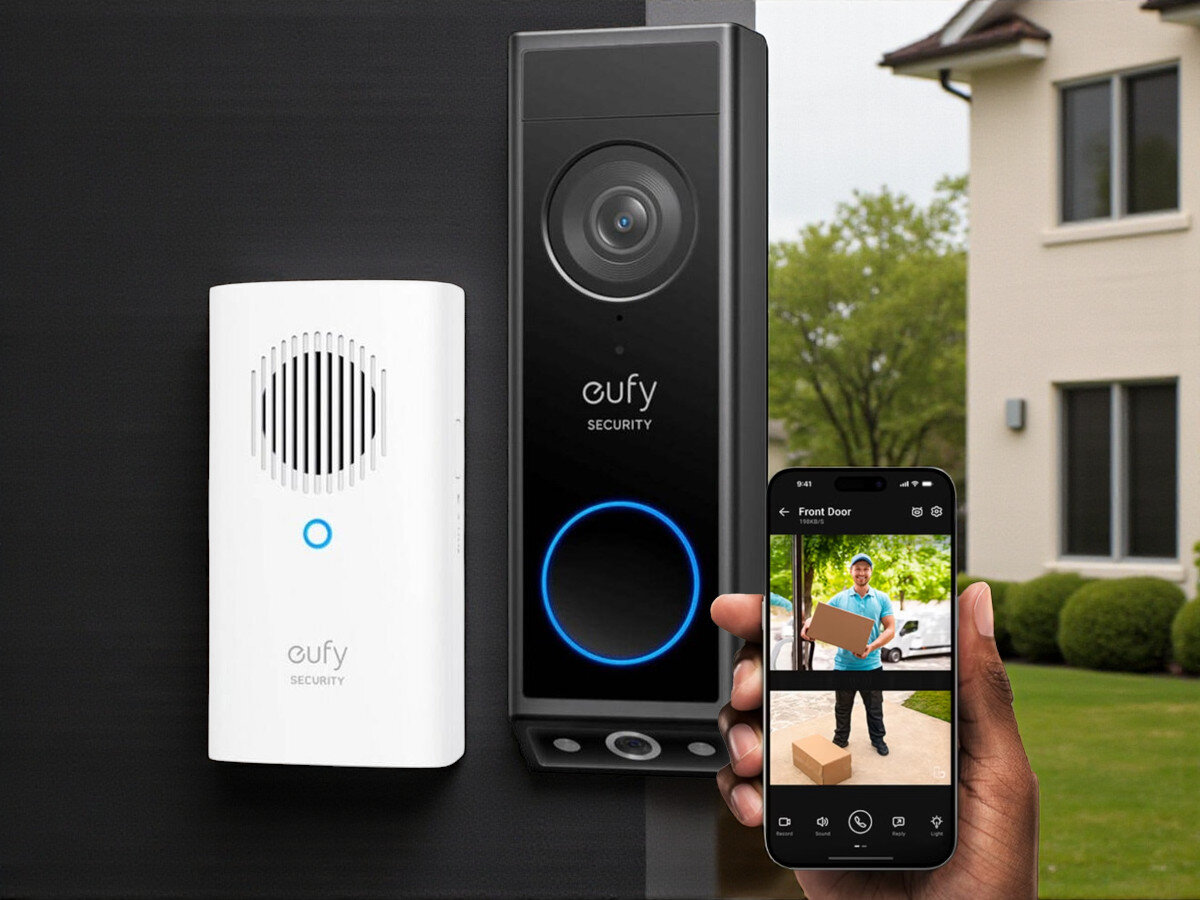 Wideodomofon EUFY Doorbell E340 HB Mini Bezprzewodowy Wi-Fi, rozmowa, obraz HD, wideo, dźwięk, Zestaw Eufy Doorbell E340 HB Mini ze stacją HB Mini, aplikacja mobilna pokazująca obraz z kamery.