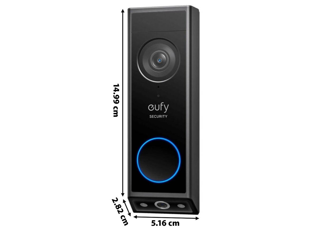Wideodomofon EUFY Doorbell E340 HB Mini Bezprzewodowy Wi-Fi, montaż, bateria, Wi-Fi, pogoda, Wideodomofon Eufy Doorbell E340 HB Mini z oznaczonymi wymiarami: 14,99 x 5,16 x 2,82 cm.