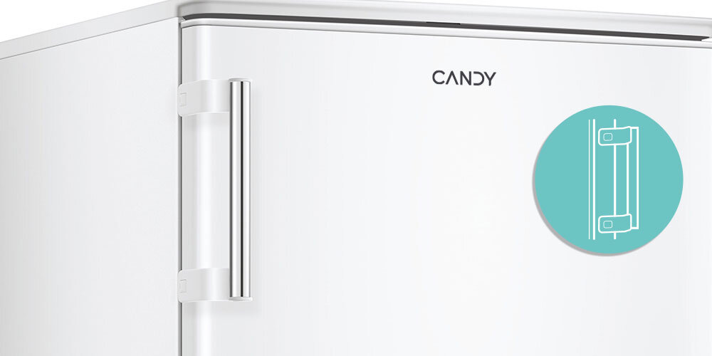 ZAMRAŻARKA CANDY CUQS 58EWH infografika zamknięta front biała uchwyt logo