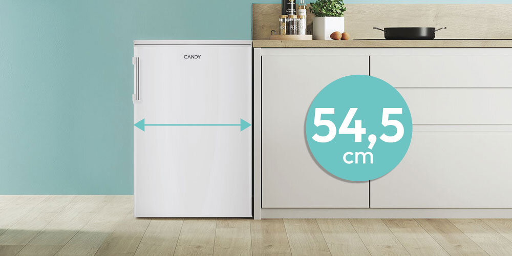 ZAMRAŻARKA CANDY CUQS 58EWH lifestyle otwarta zamrażarka wnętrze szuflady mrożonki produkty infografika z pojemnością 85 litrów utrzymanie porządku łatwe wygodne przechowywanie