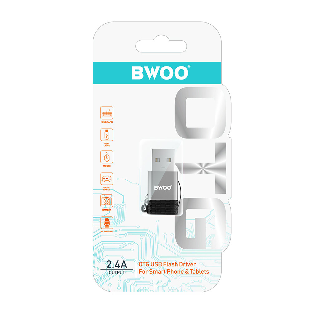 Opakowanie produktu z logo \'BWOO\' zawierające adapter USB-C do USB w kolorze szarym. Na opakowaniu widnieje tekst: \'OTG USB Flash Driver For Smart Phone & Tablets\' oraz \'2.4A OUTPUT\'.