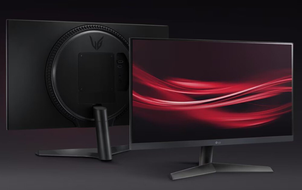 Monitor LG UltraGear 27GS60F-B.AEU Widok monitora z przodu i tyłu. Z przodu ekran z cienkimi ramkami i dynamiczną grafiką w czerwonych odcieniach, opis
