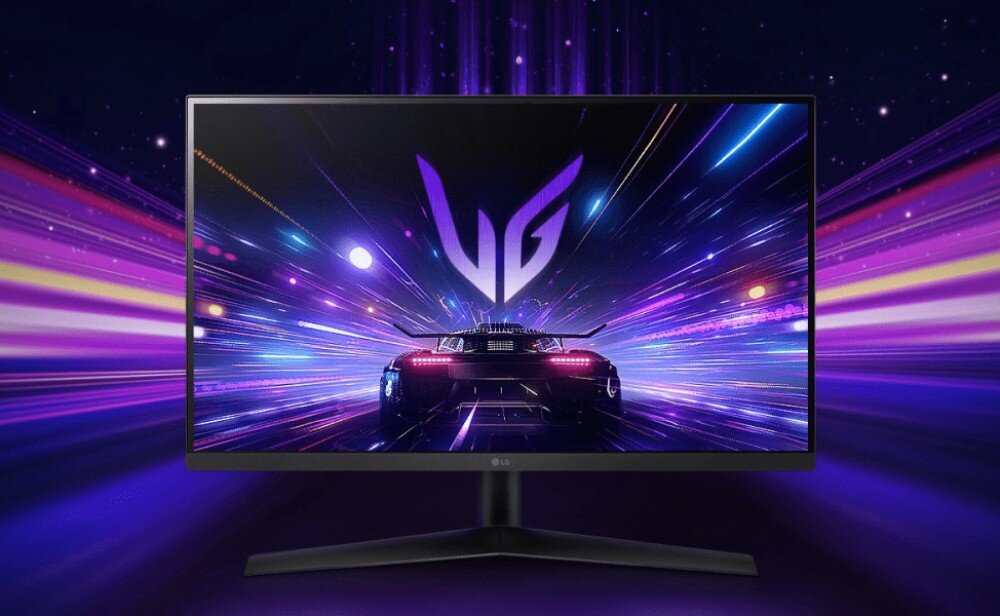 Monitor LG UltraGear 27GS60F-B.AEU Monitor na ciemnym tle z futurystyczną grafiką samochodu w ruchu, ochrona wzroku, migotanie, matowa powłoka matrycy