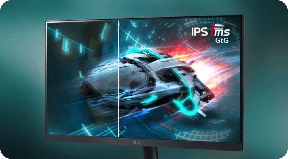 Monitor LG UltraGear 27GS60F-B.AEU Porównanie czasu reakcji matrycy. Po lewej stronie obraz z efektem smużenia, po prawej wyraźniejszy dzięki szybkiemu czasowi reakcji 1 ms, ramka, regulacja nachylenia, mocowanie VESA