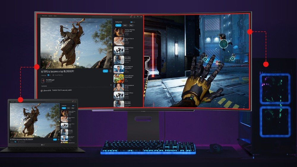 Monitor LG UltraGear 45GS95QE-B.AEU Monitor w trybie wielozadaniowości, podzielony na dwie części. Po lewej stronie wyświetlona przeglądarka internetowa, po prawej gra akcji, funkcje, Picture-by-Picture, Picture-in-Picture