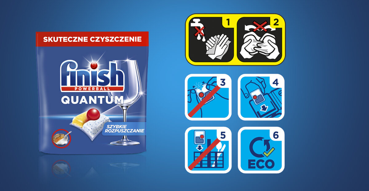 Kapsułki do zmywarek FINISH Powerball Quantum All in 1 opakowanie i ikony obrazujące podpunkty opisu