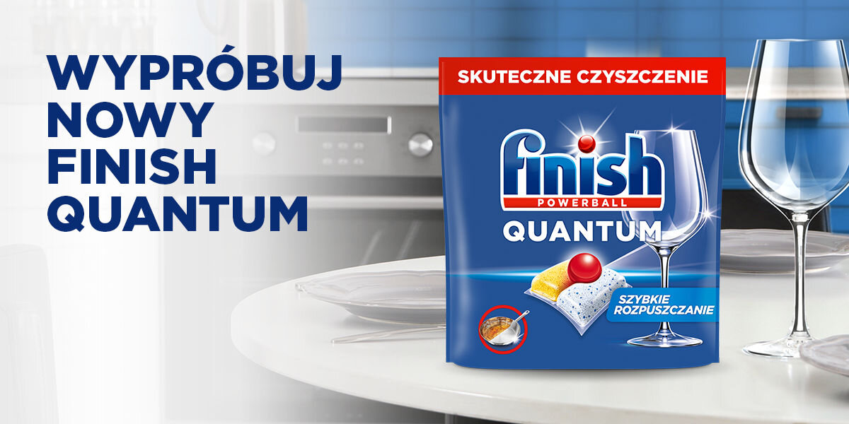 Kapsułki do zmywarek FINISH Powerball Quantum All in 1 opakowanie czysty kieliszek oraz napis wypróbuj nowy finish quantum