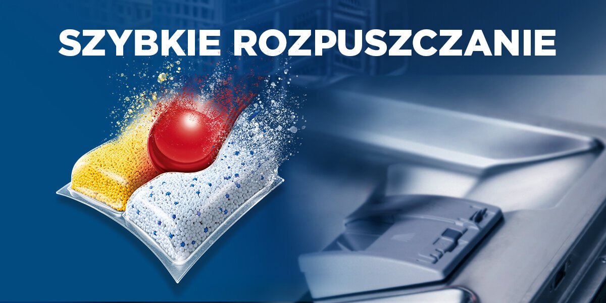 Kapsułki do zmywarek FINISH Powerball Quantum All in 1 rozpuszczająca się tabletka z napisem szybkie rozpuszczanie