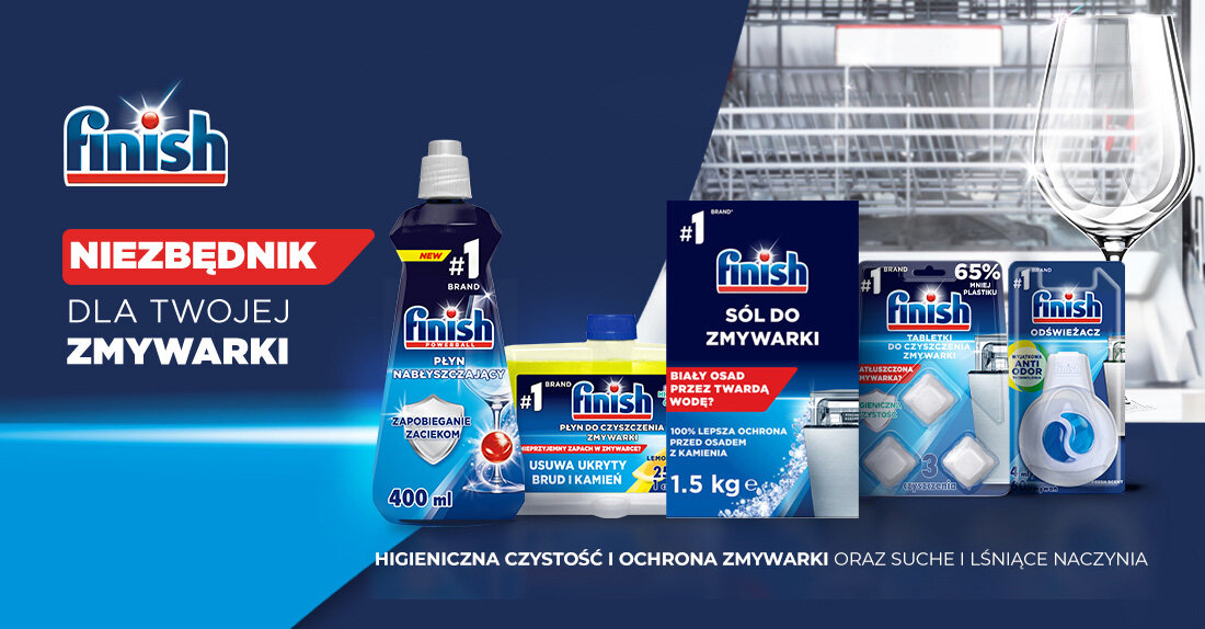 Kapsułki do zmywarek FINISH Powerball Quantum All in 1 napis Niezbędnik dla twojej zmywarki i opisywane produkty finish
