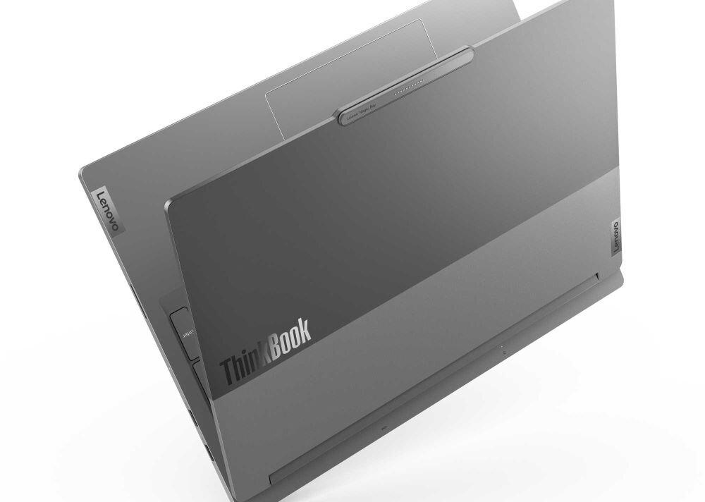 Laptop Lenovo ThinkBook 16p z certyfikatem MIL-STD-810H - widok z tyłu pokazujący wytrzymałą konstrukcję i logo ThinkBook na srebrnej obudowie. - Rygorystyczne testy MIL-STD-810H 