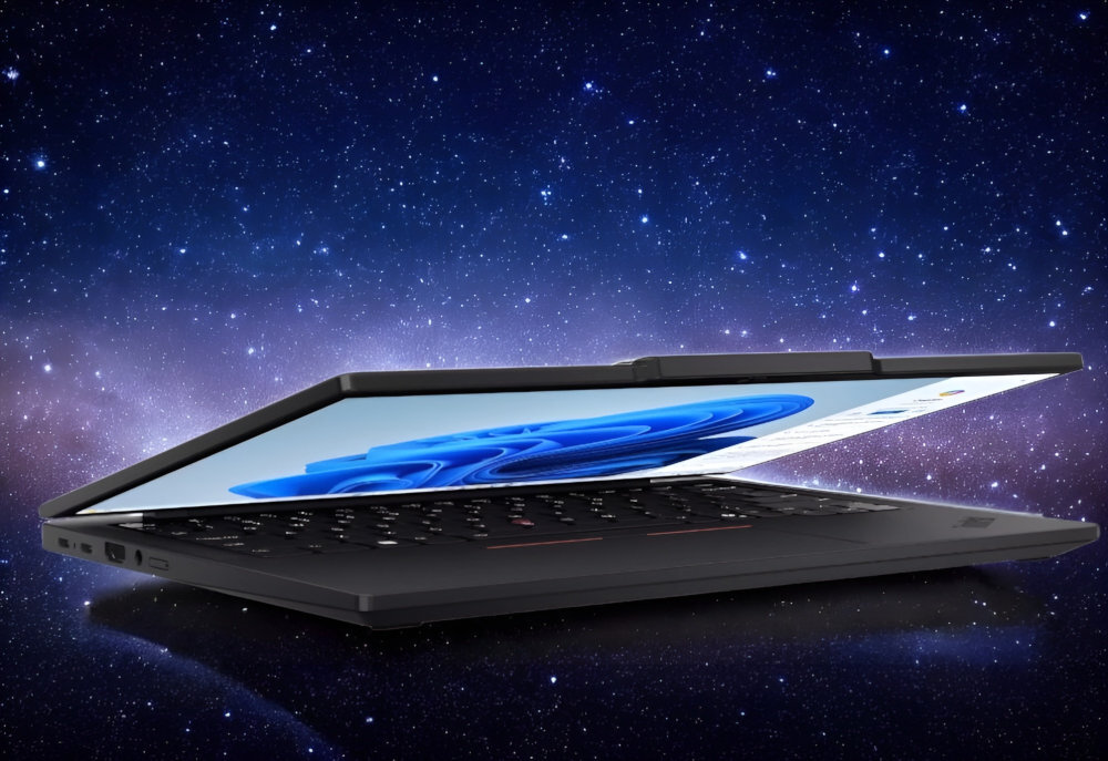 Laptop LENOVO ThinkPad T14s Gen 5 z lekko przymkniętą klapą na tle galaktyki