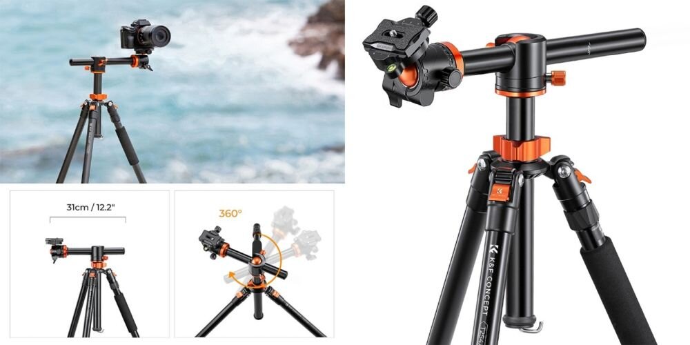 Obraz przedstawia statyw fotograficzny z zamontowanym aparatem, z widocznymi elementami regulacji i oznaczeniami 360° oraz 31cm/12.2\