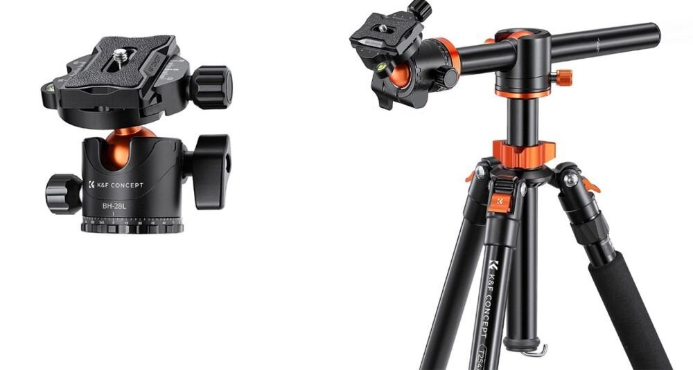 Na obrazie widoczny jest statyw z czarnymi i pomarańczowymi elementami oraz głowica z napisem \'K&F CONCEPT BH-28L\'. Statyw ma regulowane nogi i mechanizm kulowy.
