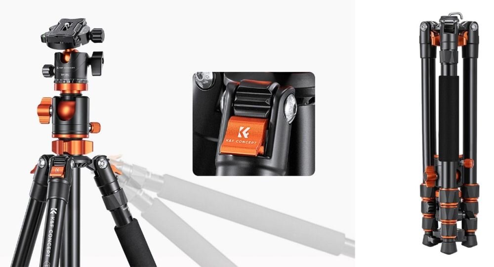 Na obrazie widoczny jest statyw z elementami w kolorze czarnym i pomarańczowym, z logo \'K&F CONCEPT\'. Obok znajduje się zbliżenie na mechanizm blokujący z tym samym logo.