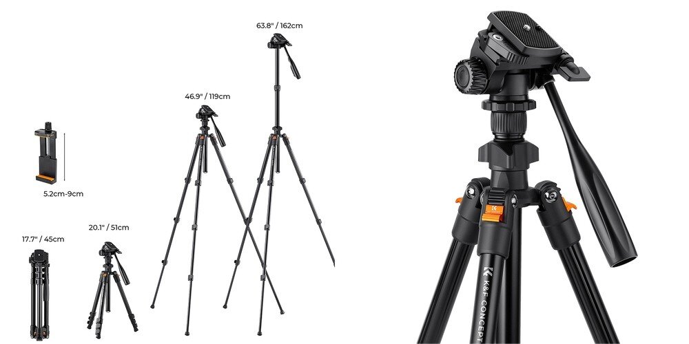 Statyw K&F Concept K-Series K234A0 złożony i rozłożony