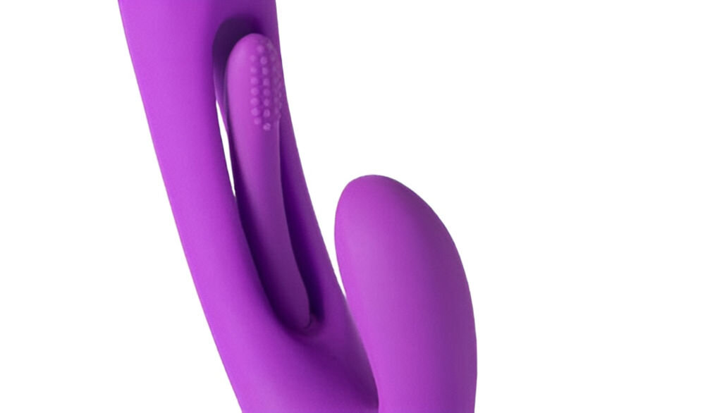 HONEY PLAY BOX Bora Purple wibrator króliczek do punktu G pukający fioletowa obudowa zbliżenie na wypustki na małym końcu urządzenia białe tło precyzyjna stymulacja łechtaczki krótszy koniec urządzenia wibracje w 7 różnych trybach odpowiedni rytm ruch stukający silna stymulacja punktu A eksperymentowanie personalizacja doznań
