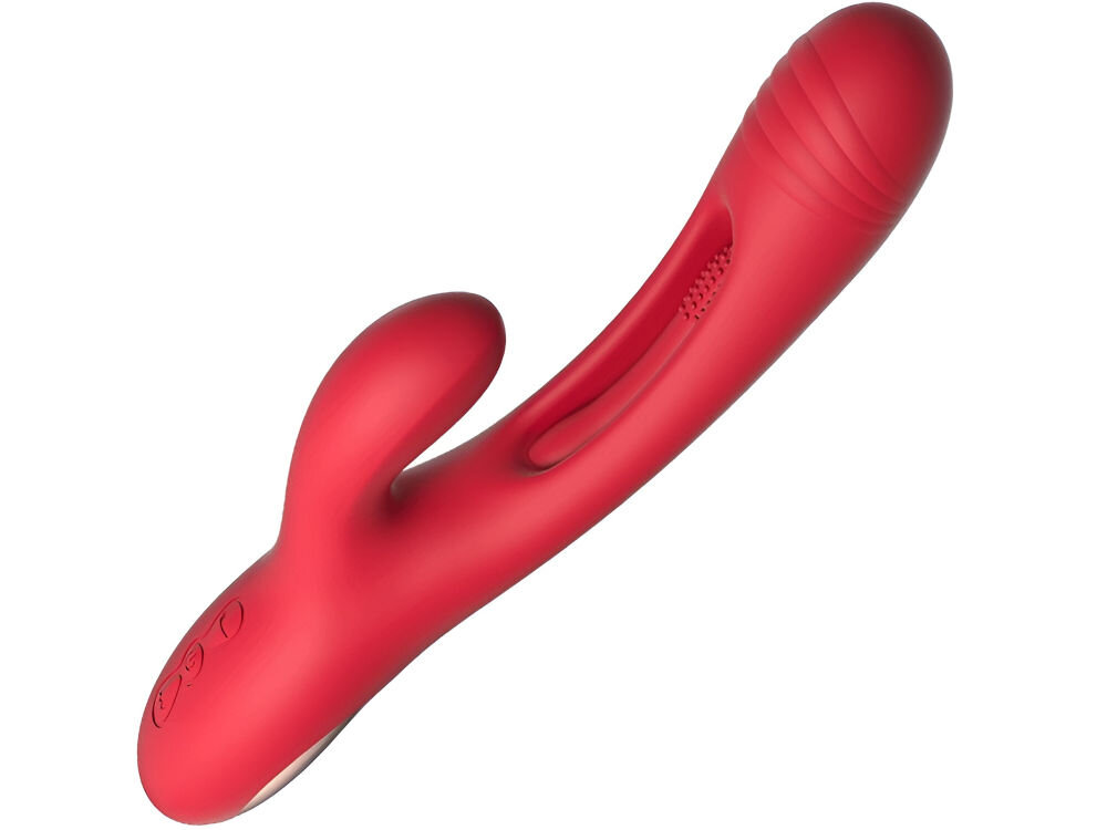 HONEY PLAY BOX Bora Rose wibrator króliczek do punktu G pukający pukający czerwony wibrator leży bokiem przyciski wypustki na mniejszym końcu białe tło chwila przyjemności