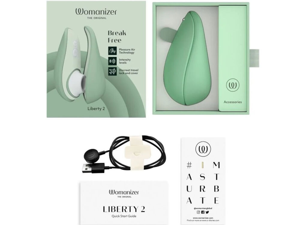 WOMANIZER Liberty 2 Sage bezdotykowy masażer łechtaczki przewód USB-A/końcówka magnetyczna etui dokumentacja