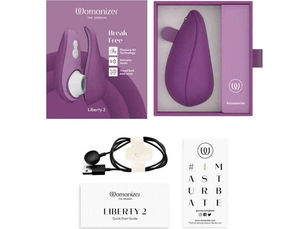 WOMANIZER Liberty 2 Purple bezdotykowy masażer łechtaczkii przewód USB-A/końcówka magnetyczna etui dokumentacja