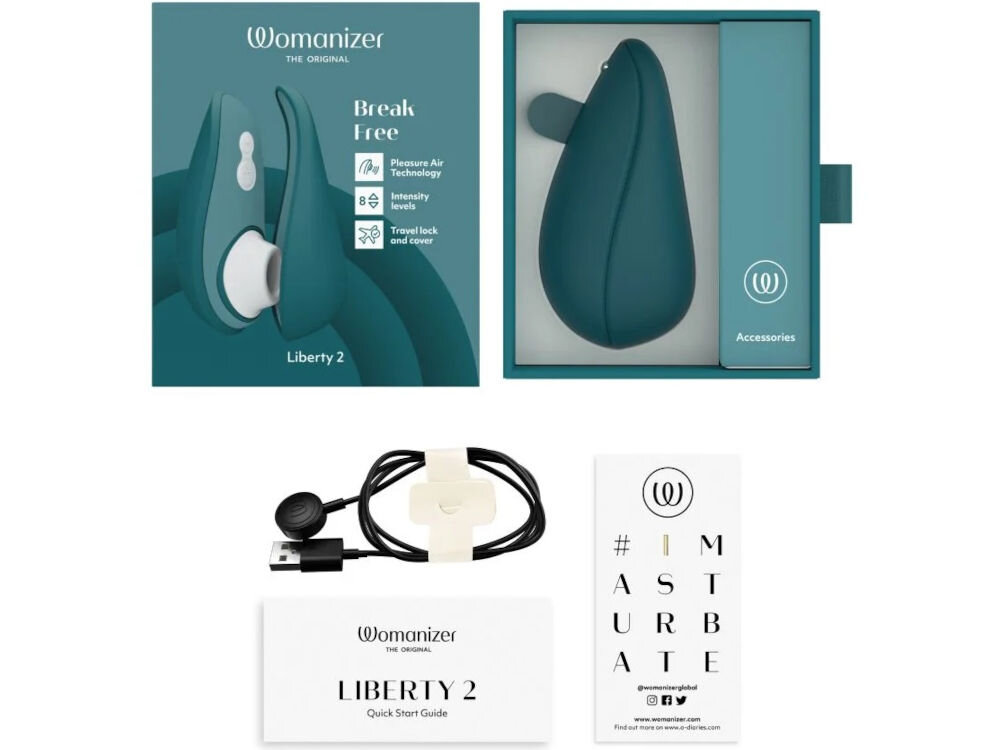 WOMANIZER Liberty 2 Dark Petrol bezdotykowy masażer łechtaczki przewód USB-A/końcówka magnetyczna etui dokumentacja