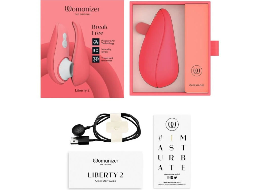 WOMANIZER Liberty 2 Vibrant Rose bezdotykowy masażer łechtaczki przewód USB-A/końcówka magnetyczna etui dokumentacja