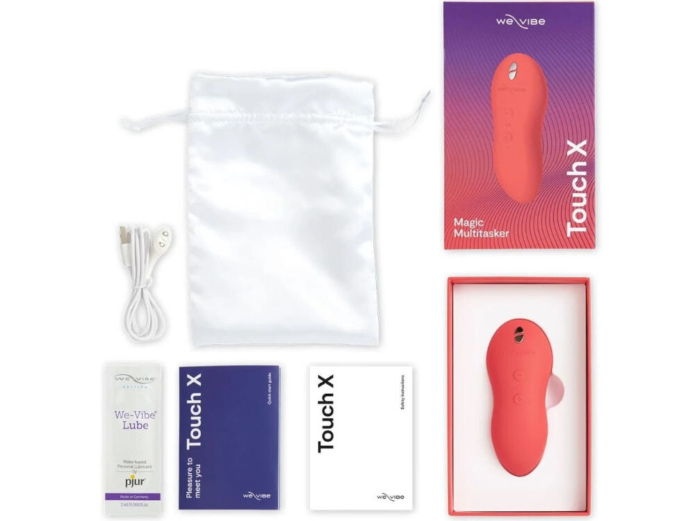 WE-VIBE Touch X Crave Coral masażer wielofunkcyjny żel intymny 2 ml przewód USB-A/końcówka magnetyczna woreczek do przechowywania dokumentacja białe tło