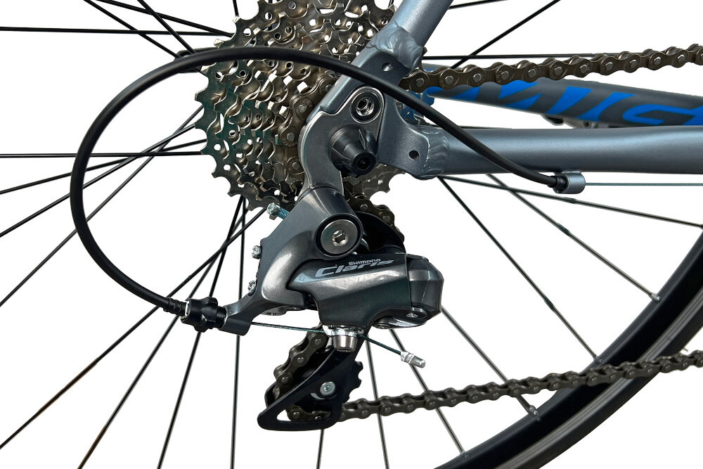 Rower szosowy FONDRIEST MIG 2.0 M24 28 cali męski Srebrno-niebieski 16 przelozen przerzutki marki SHIMANO Claris duza wytrzymalosc sprawne dzialanie plynna bezproblemowa zmiana biegow